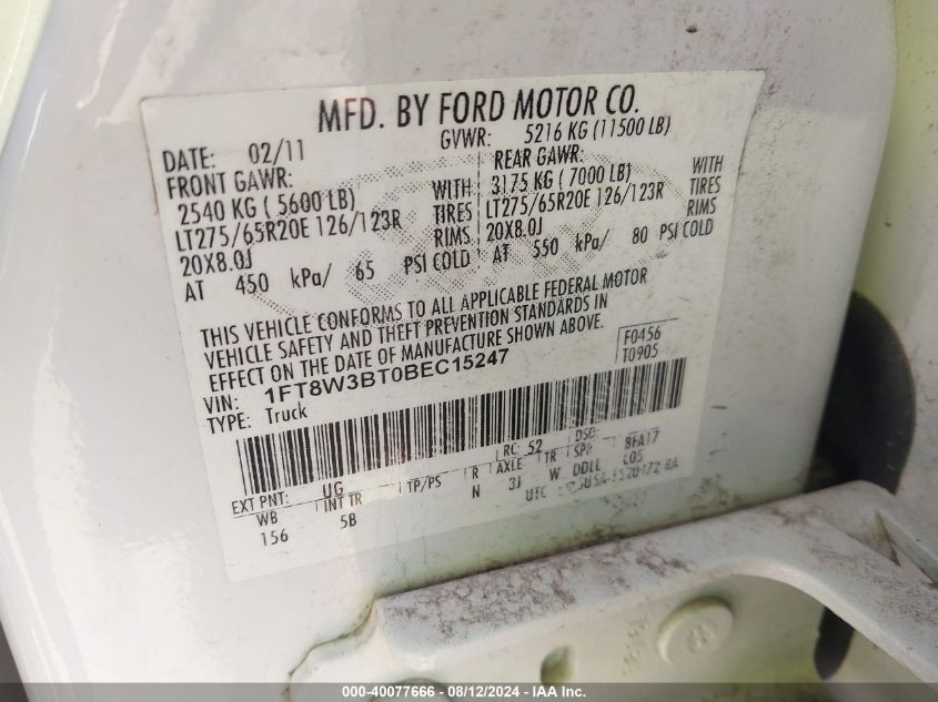 2011 Ford F350 Super Duty VIN: 1FT8W3BT0BEC15247 Lot: 40077666
