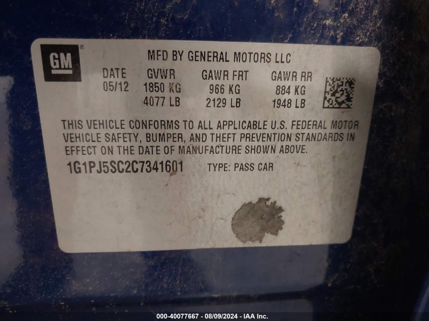 2012 Chevrolet Cruze Eco VIN: 1G1PJ5SC2C7341601 Lot: 40077667