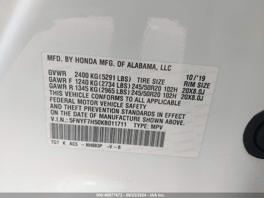 5FNYF7H50KB011711 2019 Honda Passport Ex-L