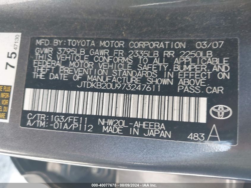2007 Toyota Prius VIN: JTDKB20U973247611 Lot: 40077675
