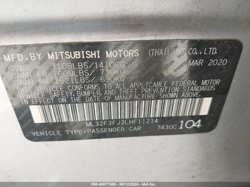 2020 Mitsubishi Mirage G4 Es VIN: ML32F3FJ2LHF11214 Lot: 40077688