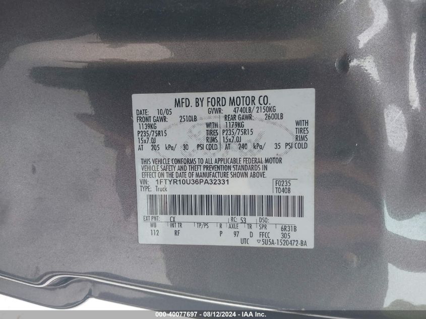 2006 Ford Ranger Sport/Stx/Xl/Xlt VIN: 1FTYR10U36PA32331 Lot: 40077697