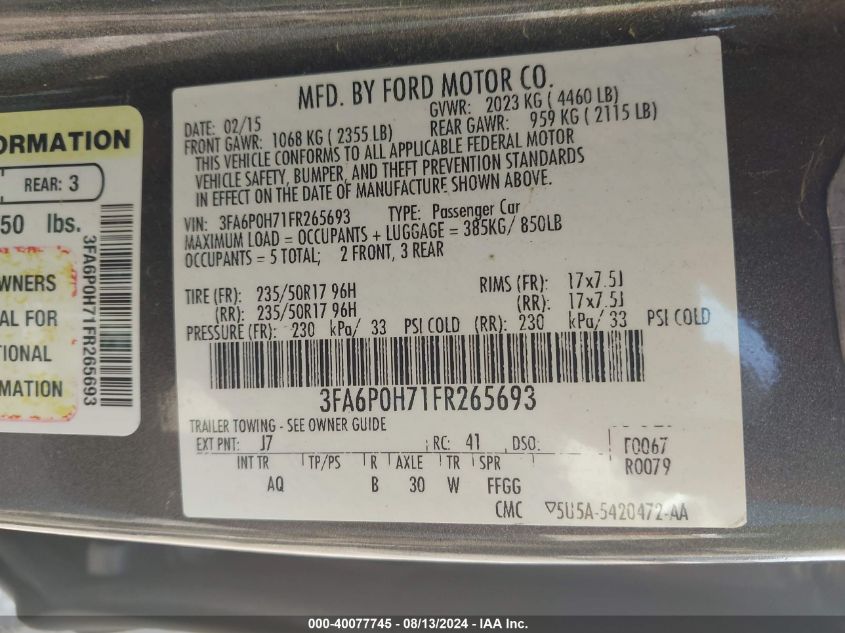 2015 Ford Fusion Se VIN: 3FA6P0H71FR265693 Lot: 40077745