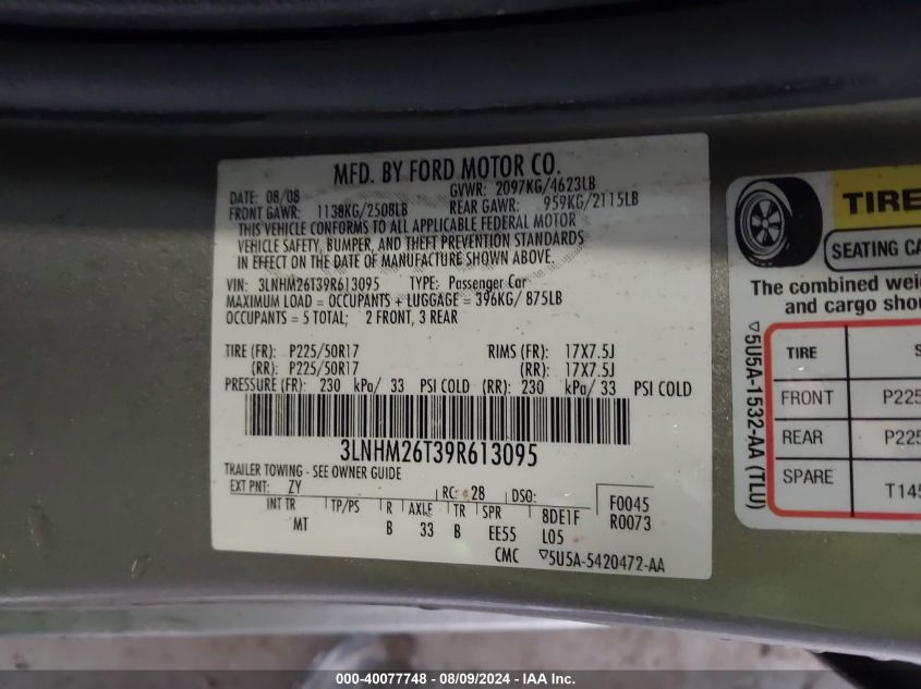 2009 Lincoln Mkz VIN: 3LNHM26T39R613095 Lot: 40077748