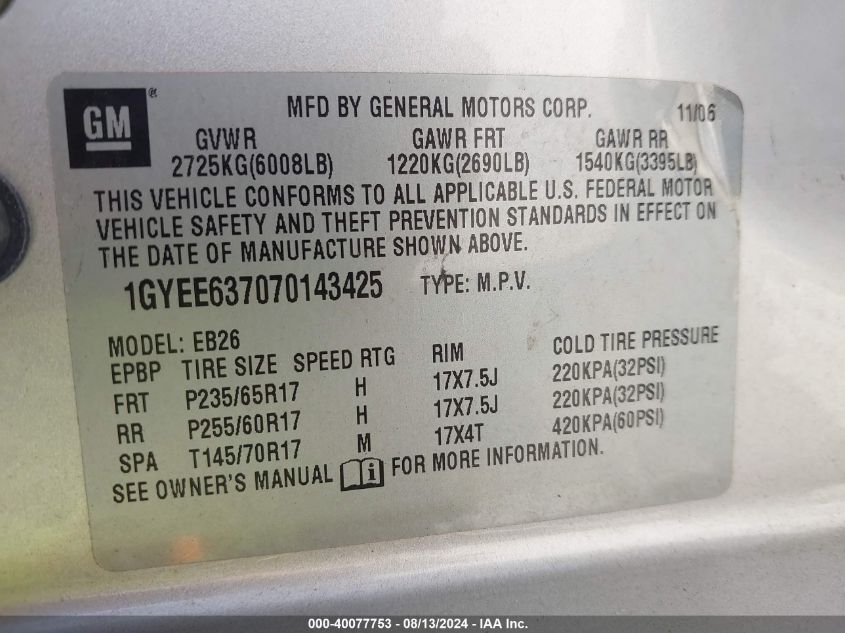 2007 Cadillac Srx V6 VIN: 1GYEE637070143425 Lot: 40077753