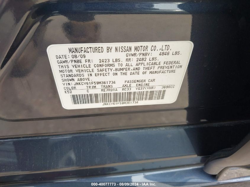 2009 Infiniti G37X VIN: JNKCV61F59M361734 Lot: 40077773