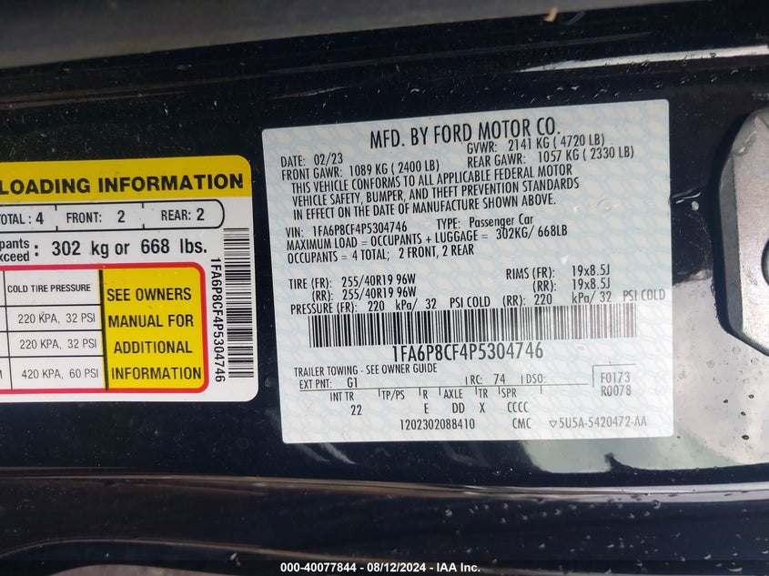 VIN 1FA6P8CF4P5304746 2023 FORD MUSTANG GT