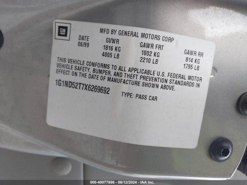 1999 Chevrolet Malibu VIN: 1G1ND52T7X6269692 Lot: 40077886