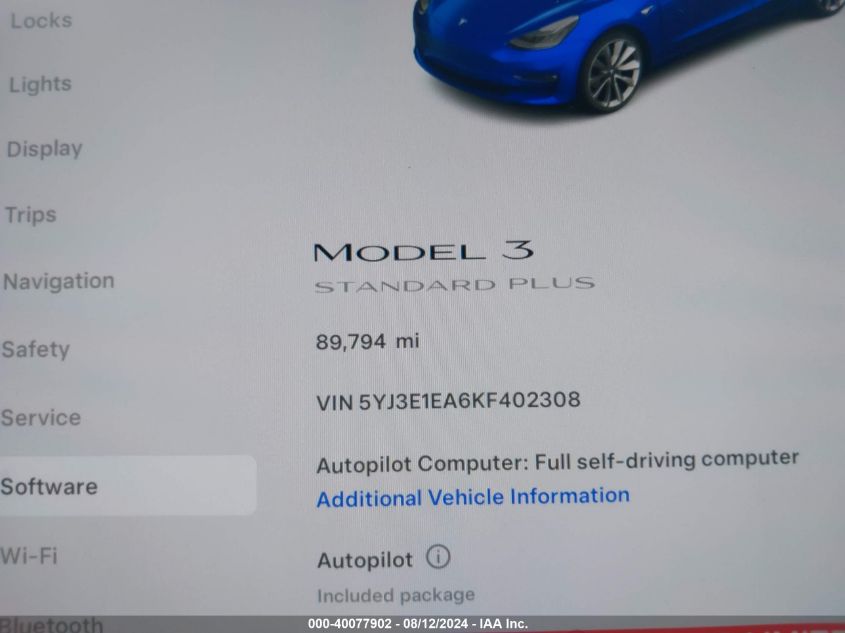 2019 Tesla Model 3 Long Range/Mid Range/Standard Range/Standard Range Plus VIN: 5YJ3E1EA6KF402308 Lot: 40077902