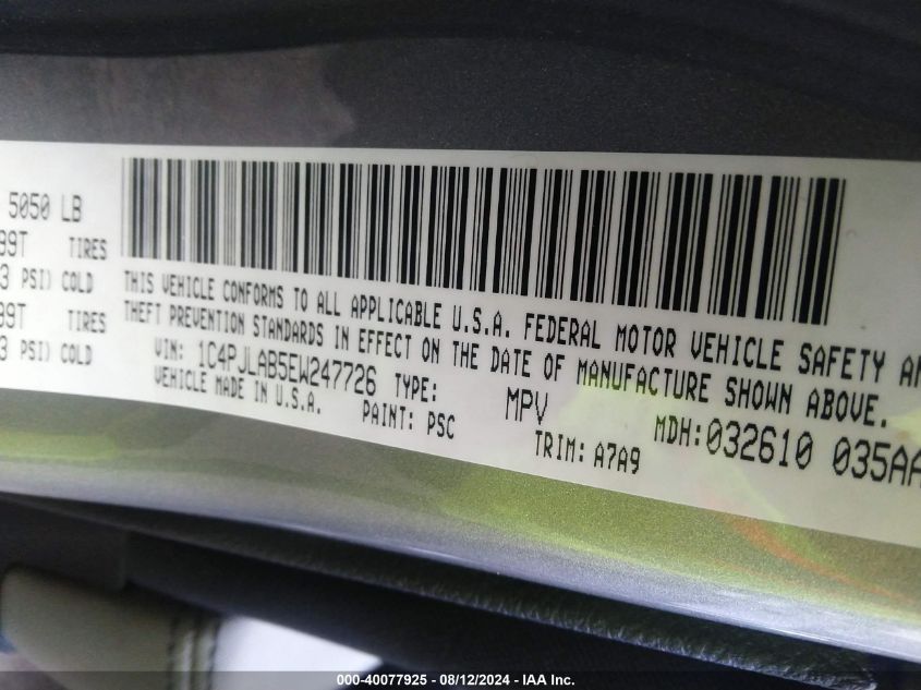 2014 Jeep Cherokee Sport VIN: 1C4PJLAB5EW247726 Lot: 40077925