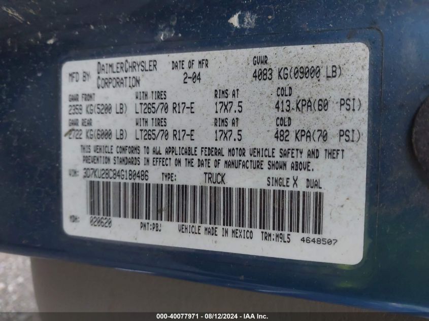 2004 Dodge Ram 2500 Slt/Laramie VIN: 3D7KU28C84G180486 Lot: 40077971