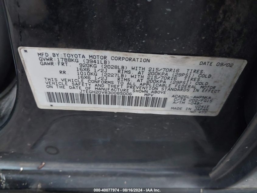 2003 Toyota Rav4 VIN: JTEGH20V830085006 Lot: 40077974