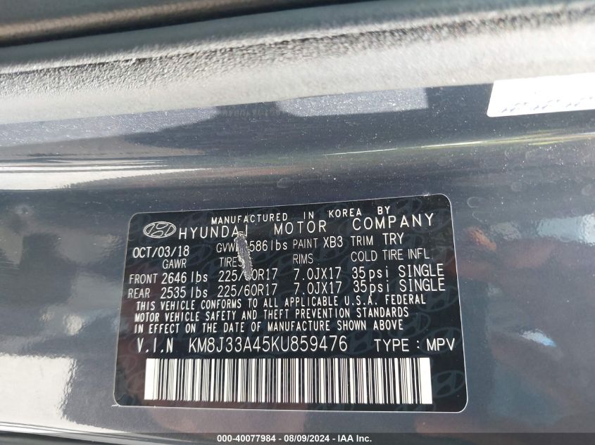 KM8J33A45KU859476 2019 Hyundai Tucson Value