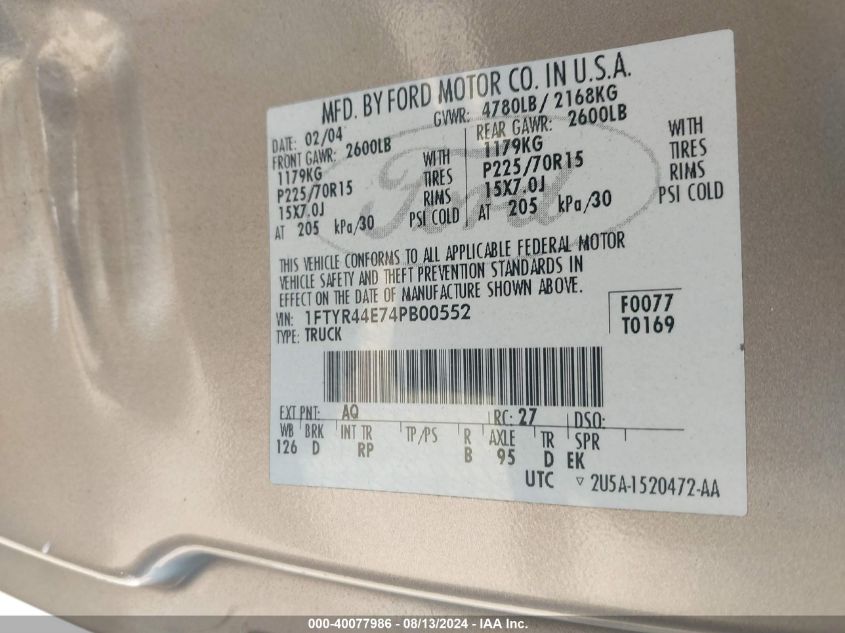 2004 Ford Ranger Super Cab VIN: 1FTYR44E74PB00552 Lot: 40077986