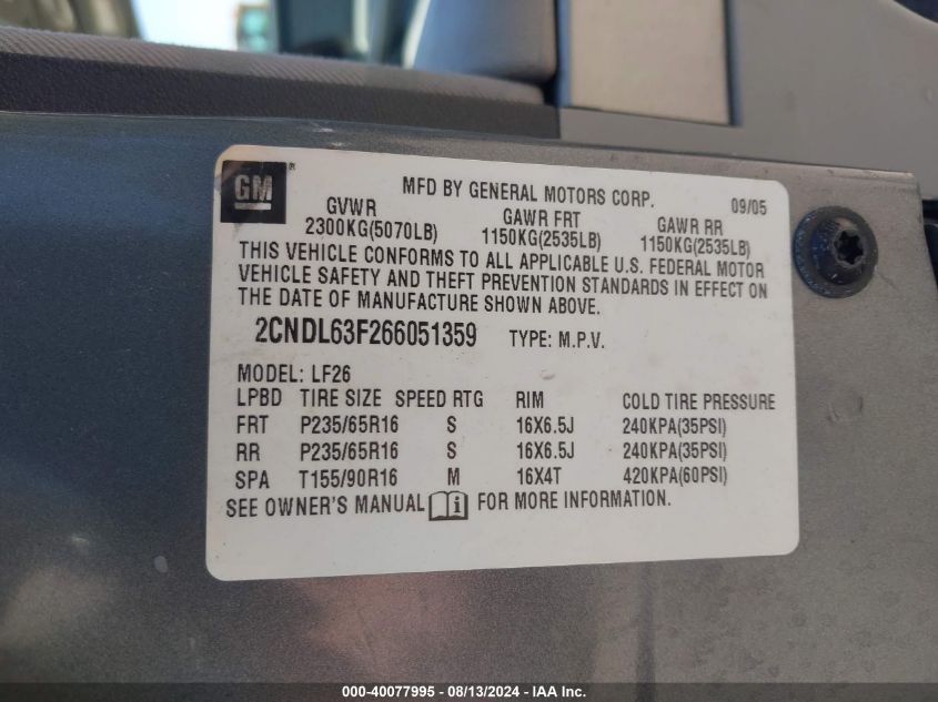 2006 Chevrolet Equinox Lt VIN: 2CNDL63F266051359 Lot: 40077995