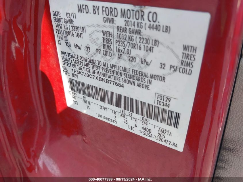 2011 Ford Escape Xls VIN: 1FMCU0C7XBKB77684 Lot: 40077999