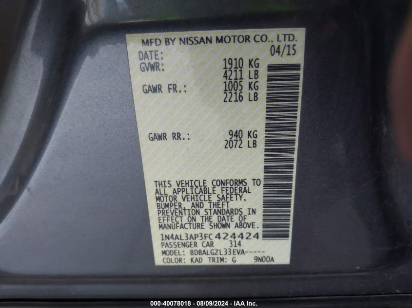 2015 Nissan Altima 2.5/2.5 S/2.5 Sl/2.5 Sv VIN: 1N4AL3AP3FC424424 Lot: 40078018