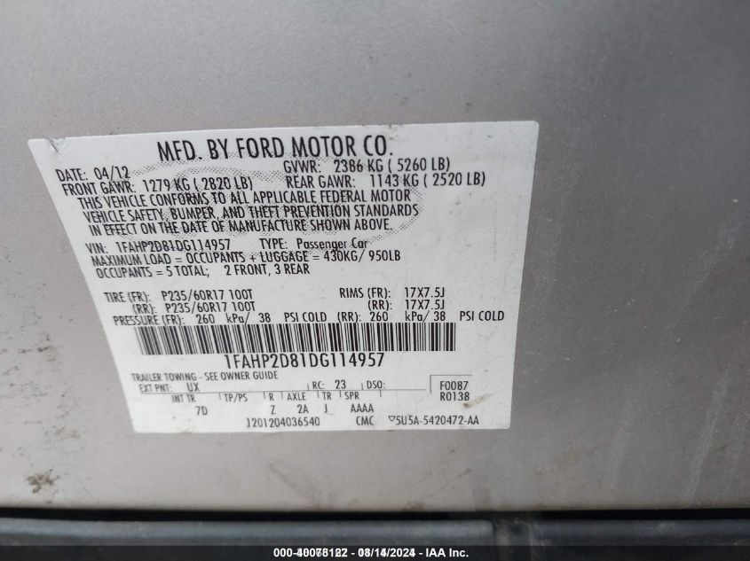 1FAHP2D81DG114957 2013 Ford Taurus Se