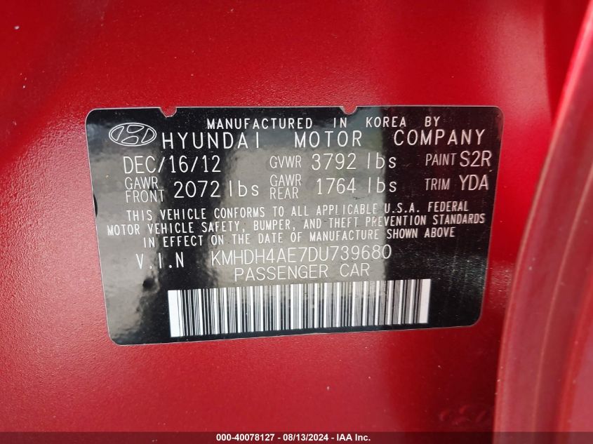 2013 Hyundai Elantra Gls/Limited VIN: KMHDH4AE7DU739680 Lot: 40078127