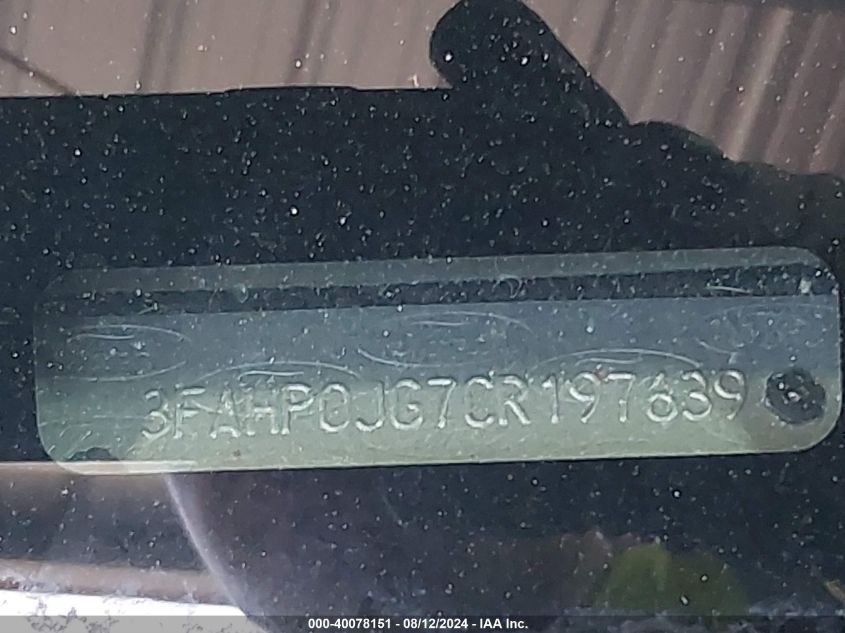 2012 Ford Fusion Sel VIN: 3FAHP0JG7CR197639 Lot: 40078151