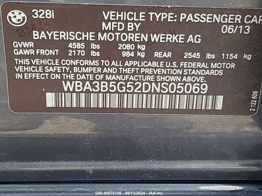 2013 BMW 328I XDRIVE VIN: WBA3B5G52DNS05069
