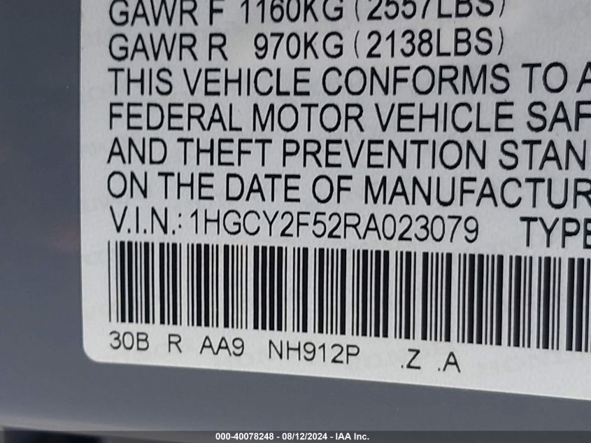 2024 Honda Accord Hybrid Sport VIN: 1HGCY2F52RA023079 Lot: 40078248