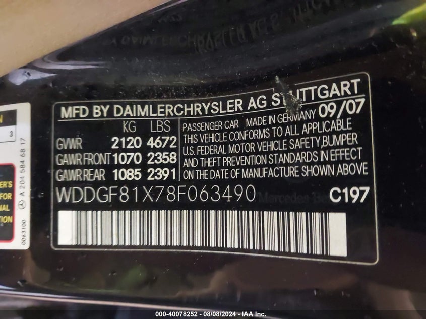 2008 Mercedes-Benz C 300 Luxury 4Matic/Sport 4Matic VIN: WDDGF81X78F063490 Lot: 40078252