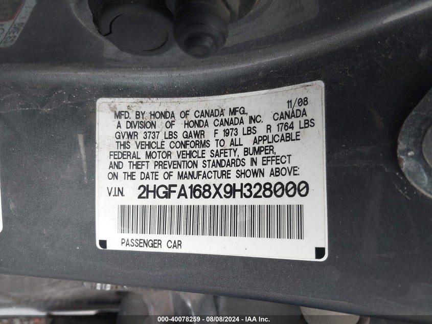2009 Honda Civic Ex VIN: 2HGFA168X9H328000 Lot: 40078259