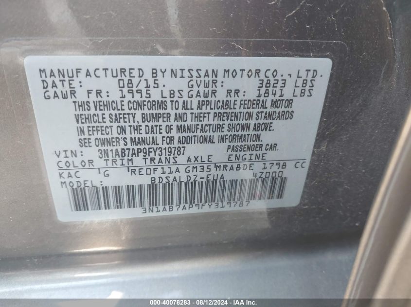 2015 Nissan Sentra Sv VIN: 3N1AB7AP9FY319787 Lot: 40078283