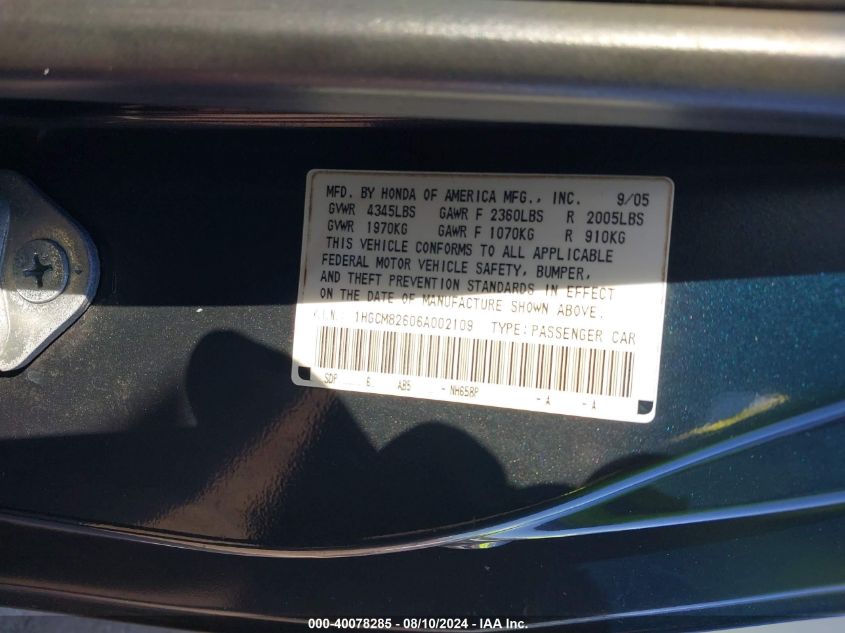 2006 Honda Accord Ex VIN: 1HGCM82606A002109 Lot: 40078285