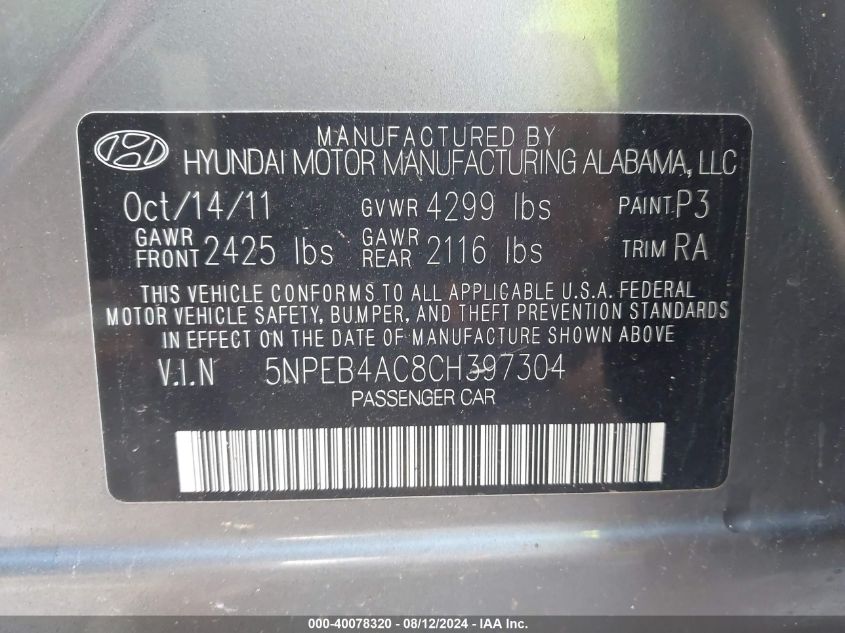 2012 Hyundai Sonata Gls VIN: 5NPEB4AC8CH397304 Lot: 40078320