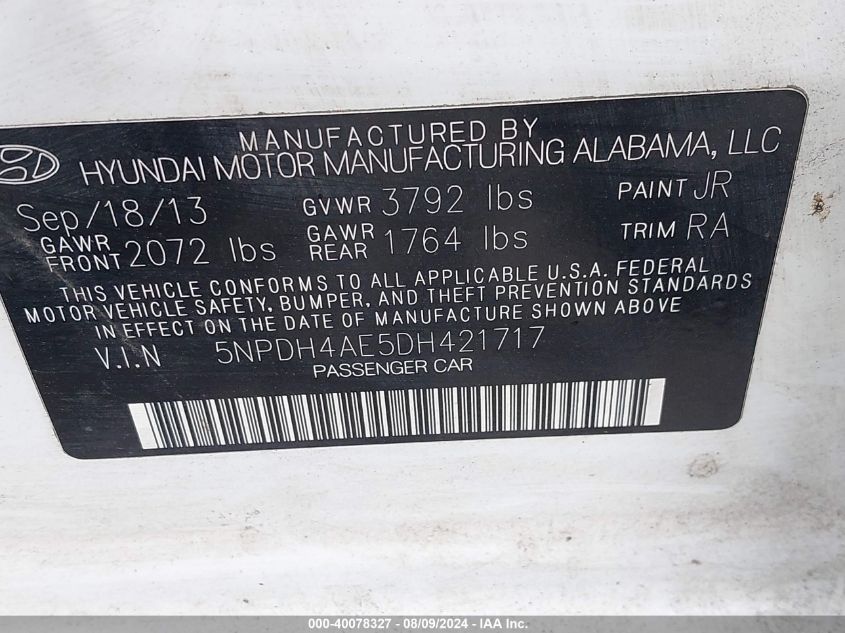 2013 Hyundai Elantra Gls/Limited VIN: 5NPDH4AE5DH421717 Lot: 40078327