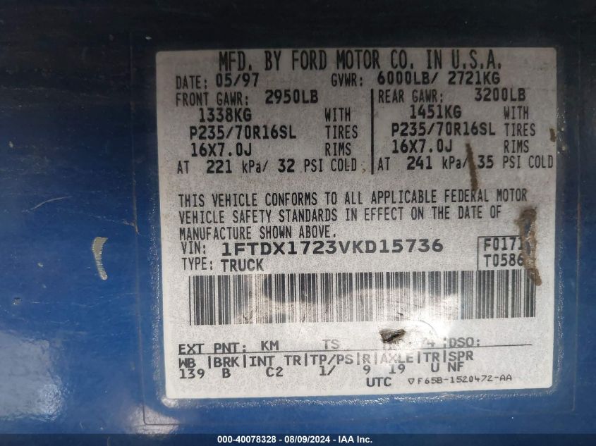 1997 Ford F-150 Standard/Xl/Xlt VIN: 1FTDX1723VKD15736 Lot: 40078328