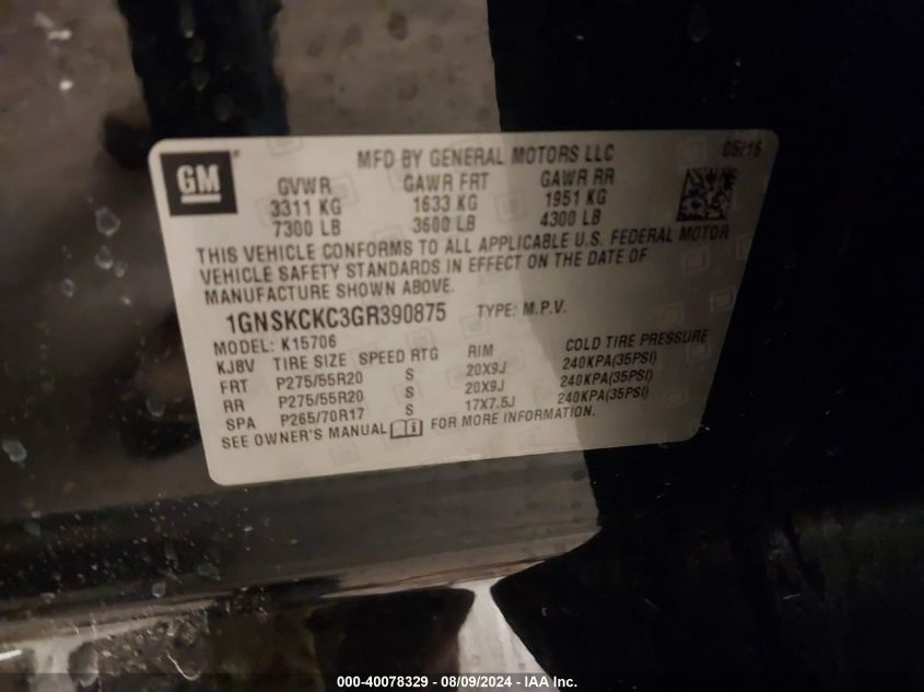 2016 Chevrolet Tahoe Ltz VIN: 1GNSKCKC3GR390875 Lot: 40078329