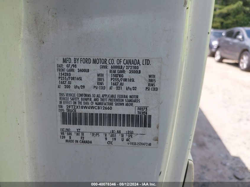 1998 Ford F-150 VIN: 2FTZX18W4WCB12660 Lot: 40078346