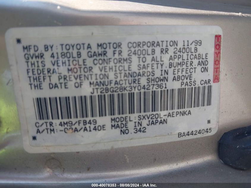 2000 Toyota Camry Le VIN: JT2BG28K3Y0427361 Lot: 40078353