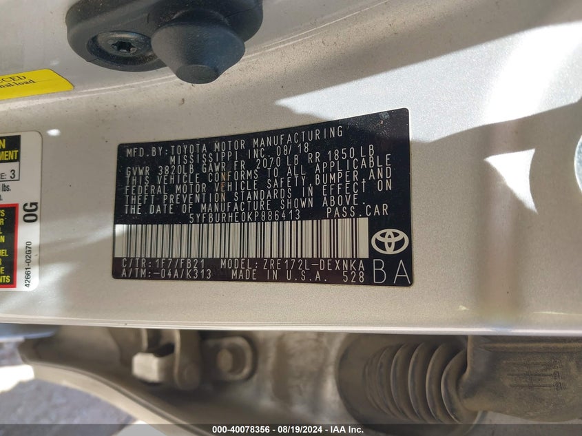 2019 TOYOTA COROLLA LE - 5YFBURHE0KP886413