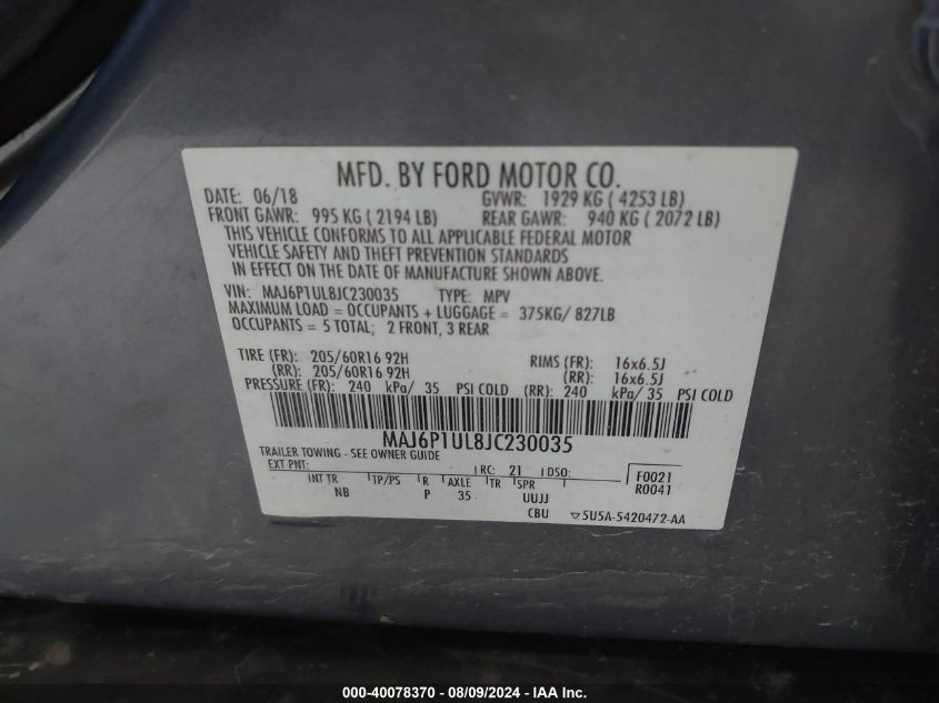 2018 Ford Ecosport Se VIN: MAJ6P1UL8JC230035 Lot: 40078370