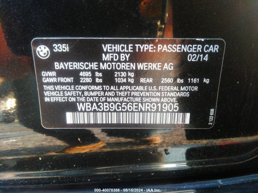 2014 BMW 335I xDrive VIN: WBA3B9G56ENR91905 Lot: 40078388