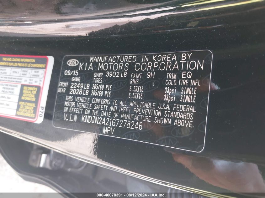 2016 Kia Soul VIN: KNDJN2A21G7278246 Lot: 40078391