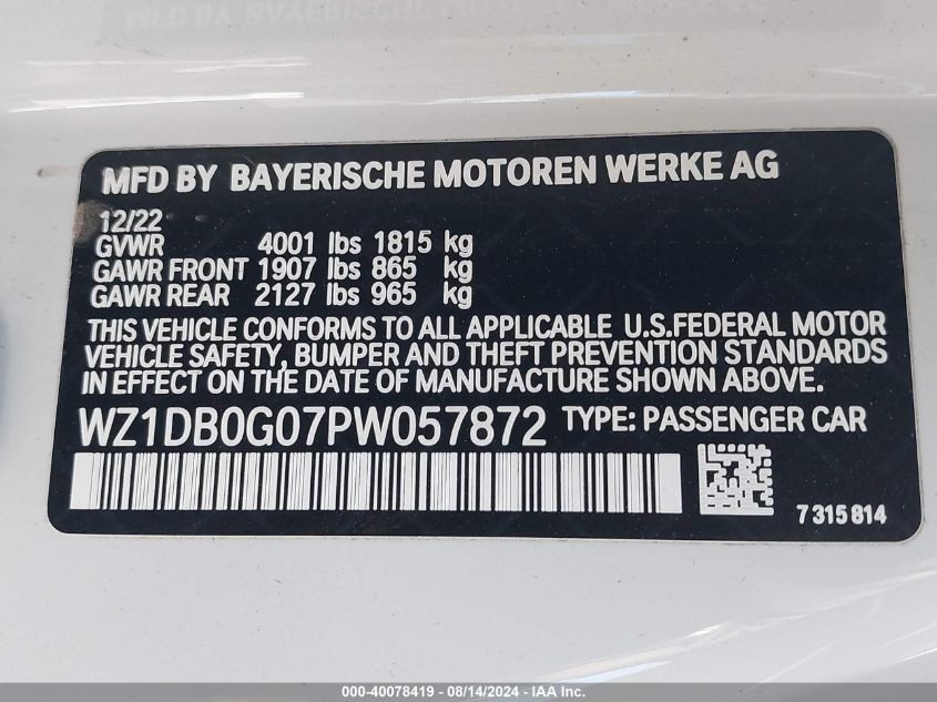 2023 Toyota Gr Supra 3.0 Premium VIN: WZ1DB0G07PW057872 Lot: 40078419