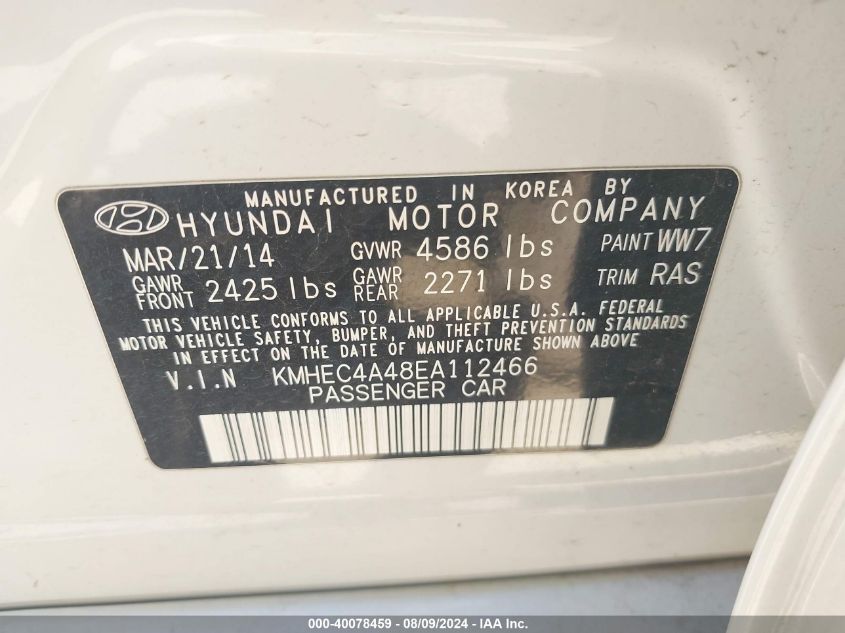 2014 Hyundai Sonata Hybrid Limited VIN: KMHEC4A48EA112466 Lot: 40078459