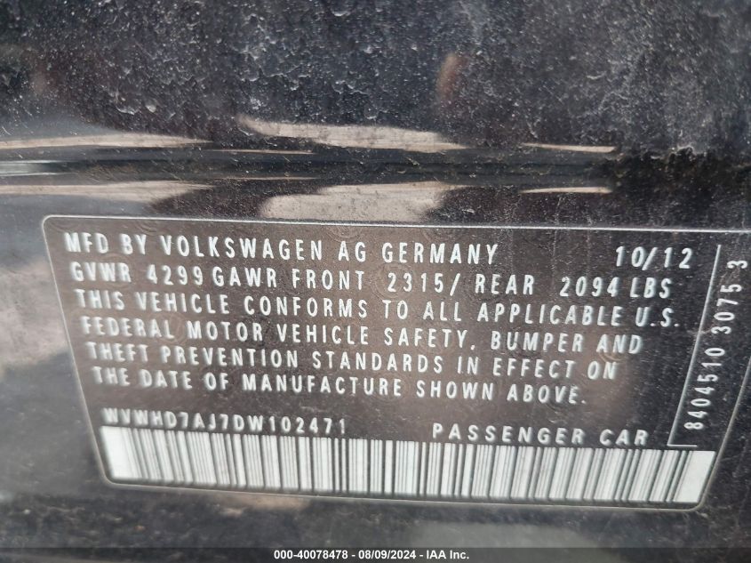 2013 Volkswagen Gti 4-Door VIN: WVWHD7AJ7DW102471 Lot: 40078478