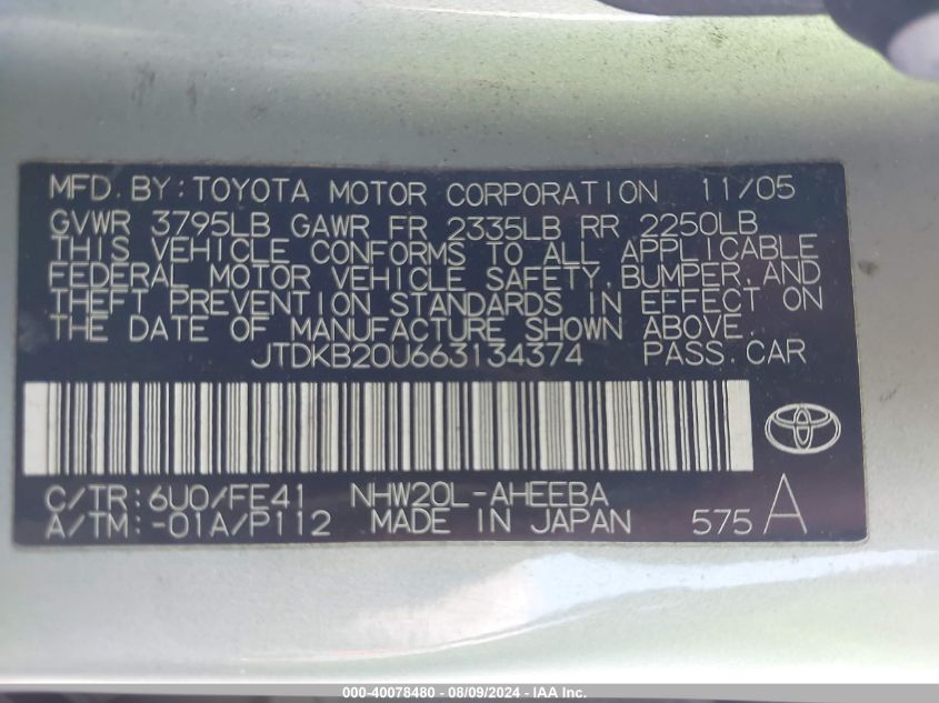 2006 Toyota Prius VIN: JTDKB20U663134374 Lot: 40078480