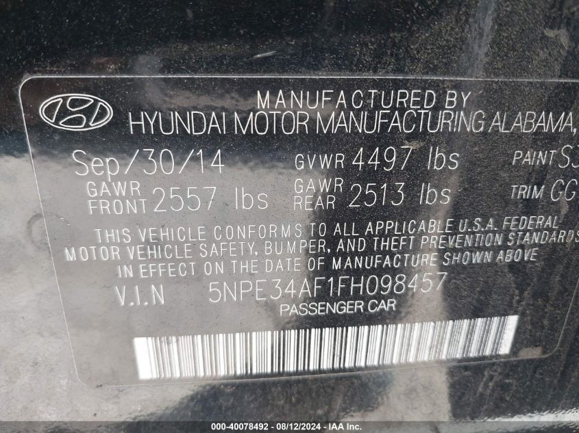 2015 Hyundai Sonata Limited VIN: 5NPE34AF1FH098457 Lot: 40078492