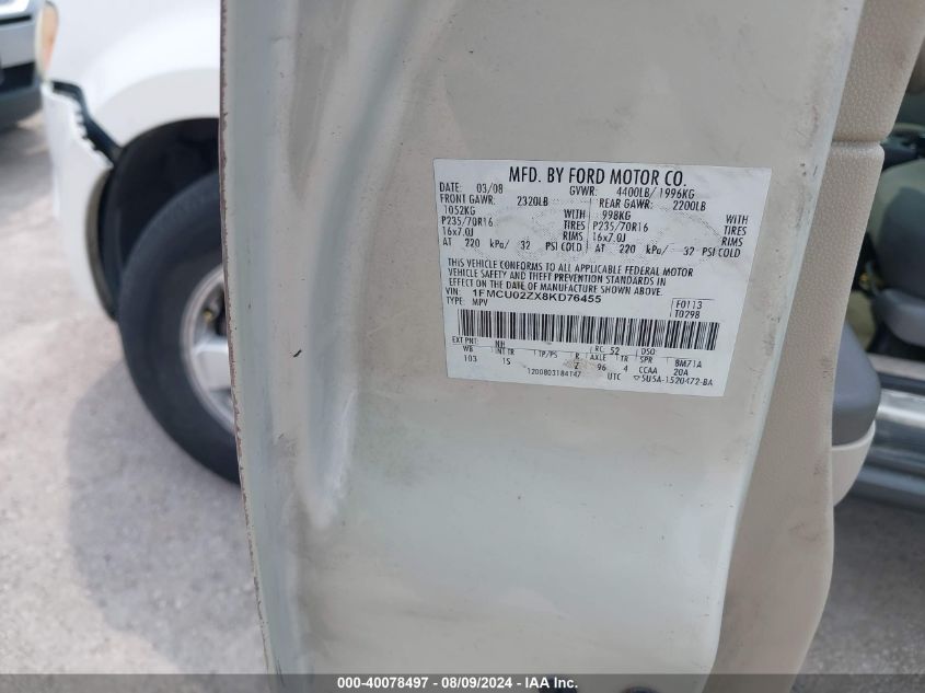 2008 Ford Escape Xls/Xls Manual VIN: 1FMCU02ZX8KD76455 Lot: 40078497
