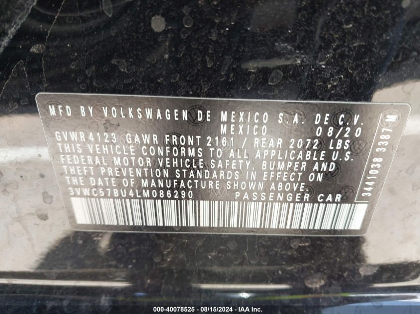 2020 Volkswagen Jetta 1.4T R-Line/1.4T S/1.4T Se VIN: 3VWC57BU4LM086290 Lot: 40078525