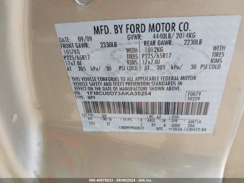 2010 Ford Escape Xlt VIN: 1FMCU0D73AKA35254 Lot: 40078533