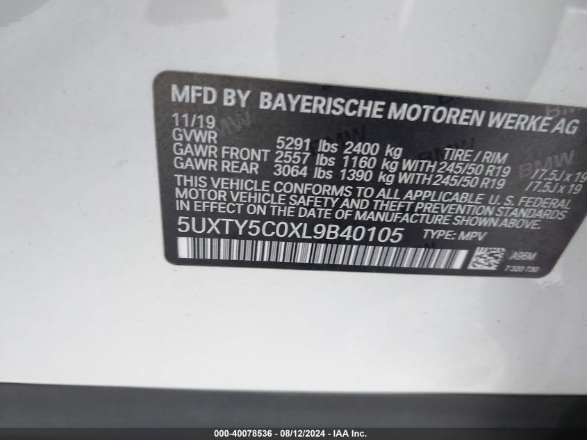 2020 BMW X3 xDrive30I VIN: 5UXTY5C0XL9B40105 Lot: 40078536