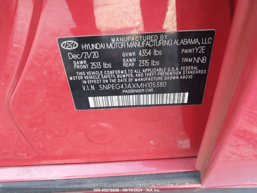 2021 Hyundai Sonata Se VIN: 5NPEG4JAXMH105380 Lot: 40078540